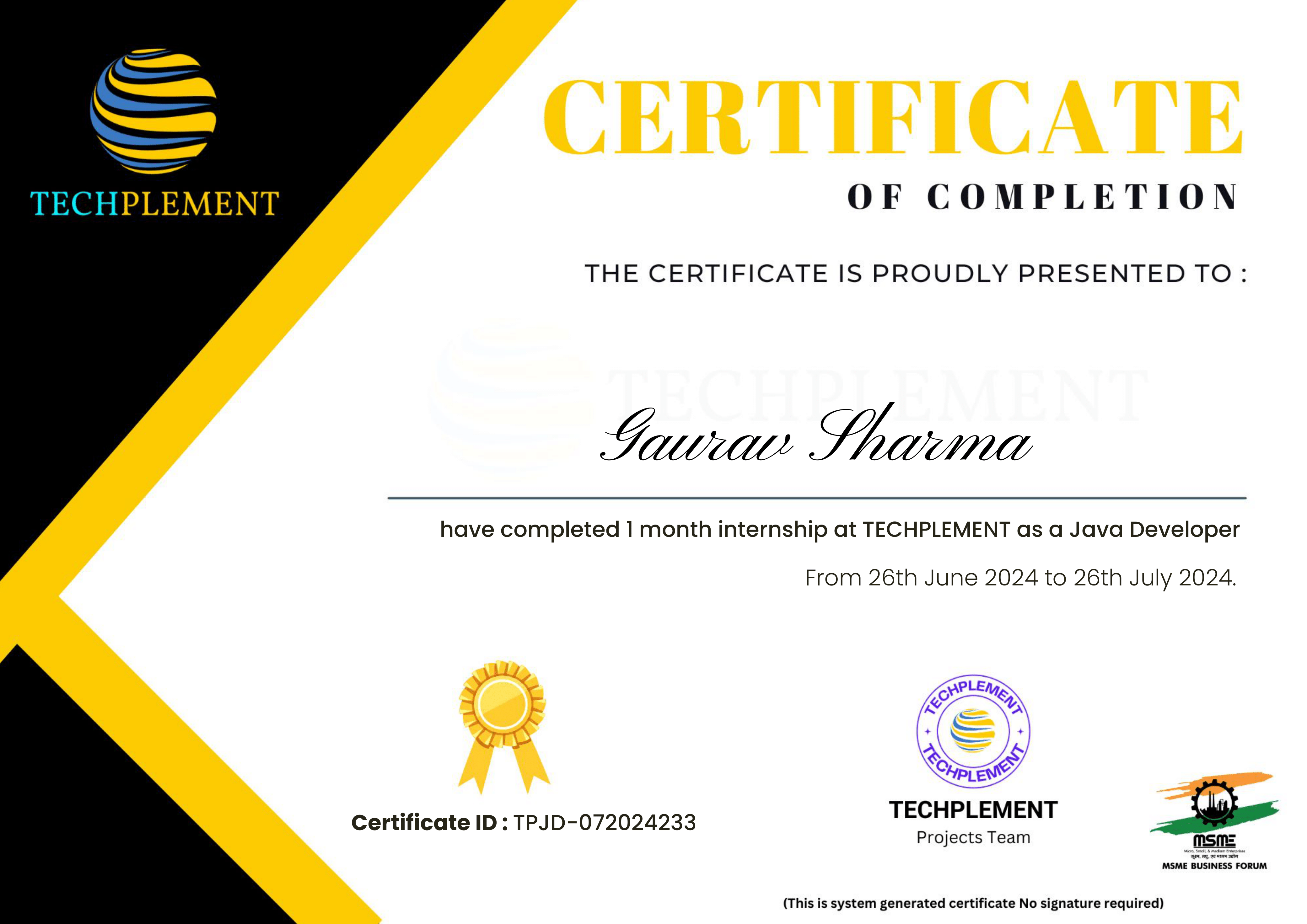 Software Developer Intern Certificate